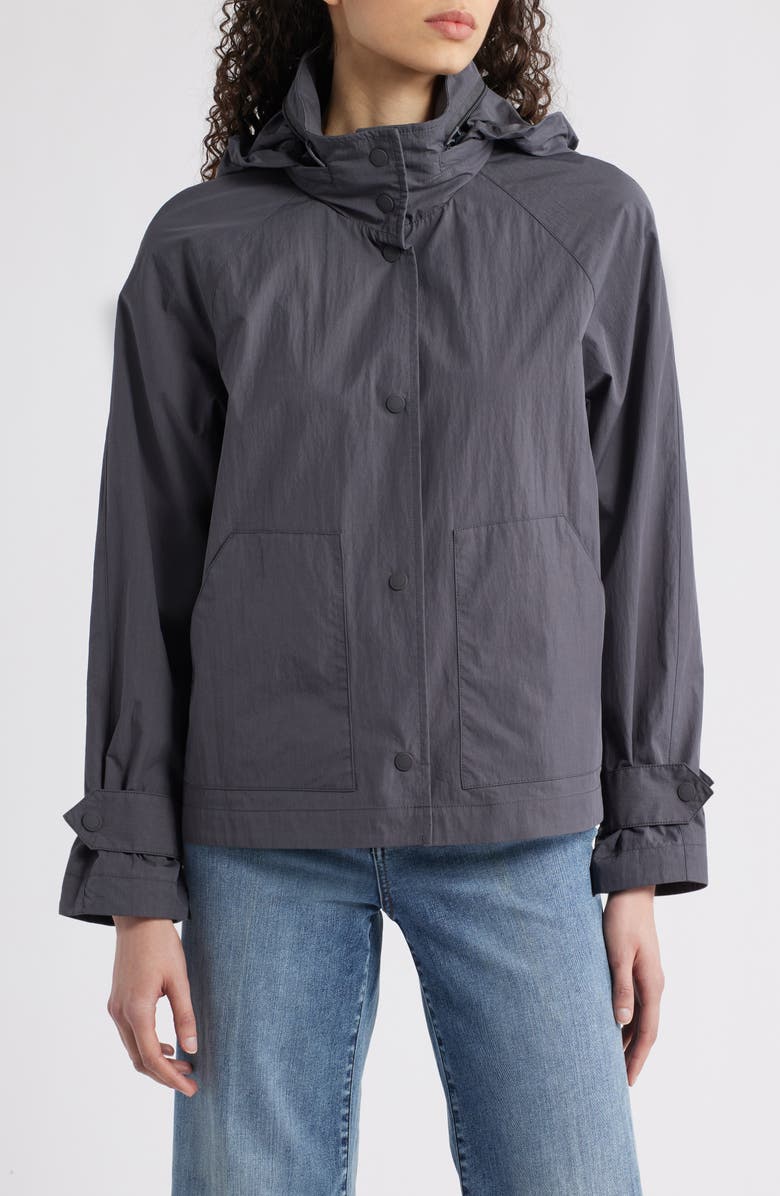 Bernardo Short Raincoat with Stowaway Hood, Main, color, Dark Grey