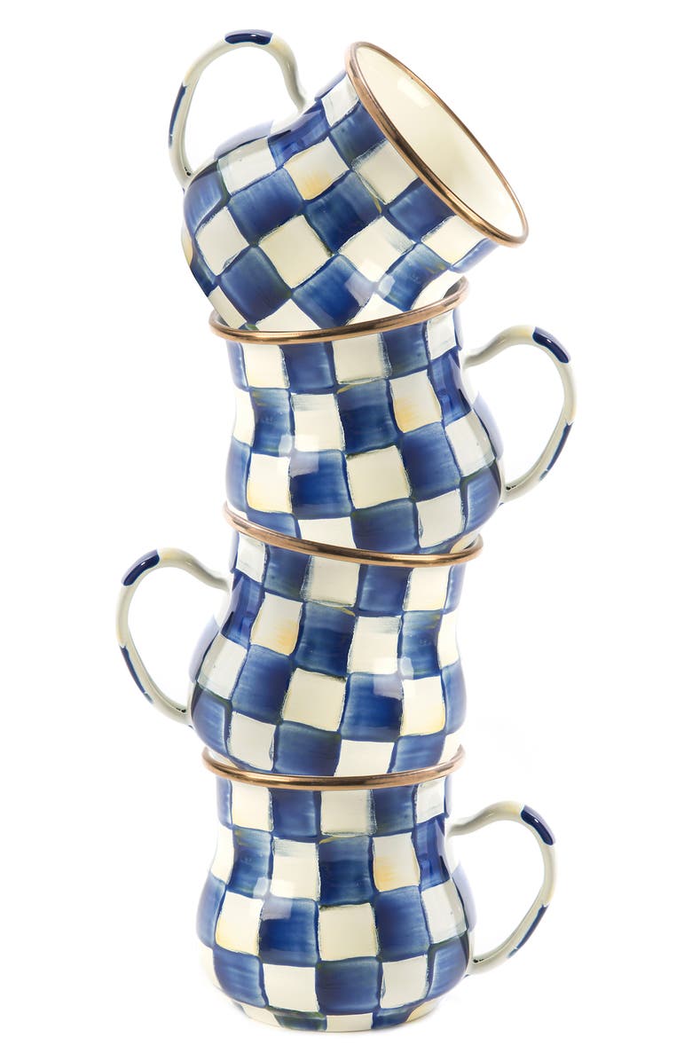 MACKENZIE CHILDS Royal Check Set of 4 Enameled Steel Mugs, Main, color, Blue/ White