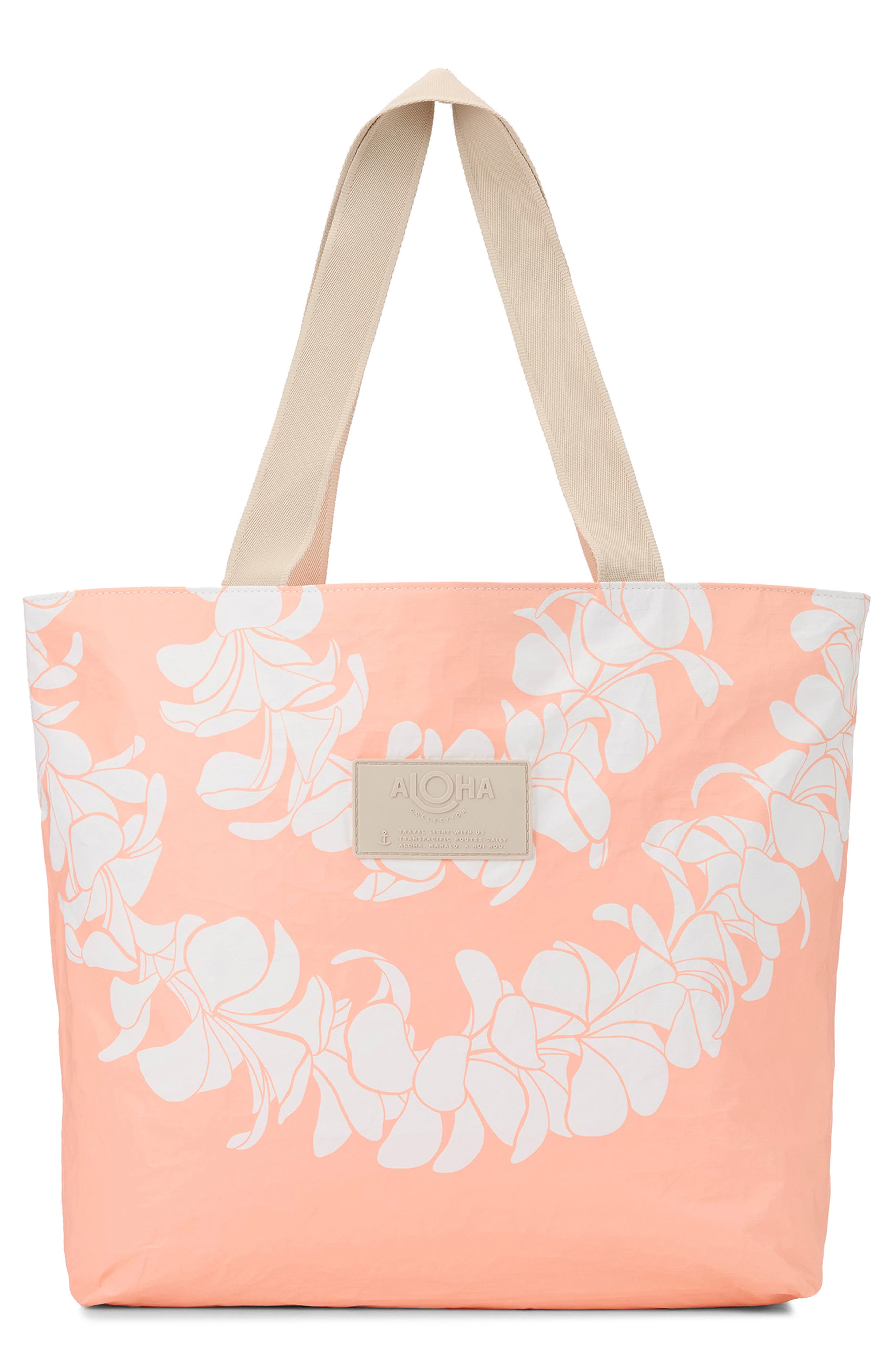 Aloha Collection Day Tripper Plumeria Lei Water Resistant Tote, Main, color, Peachy