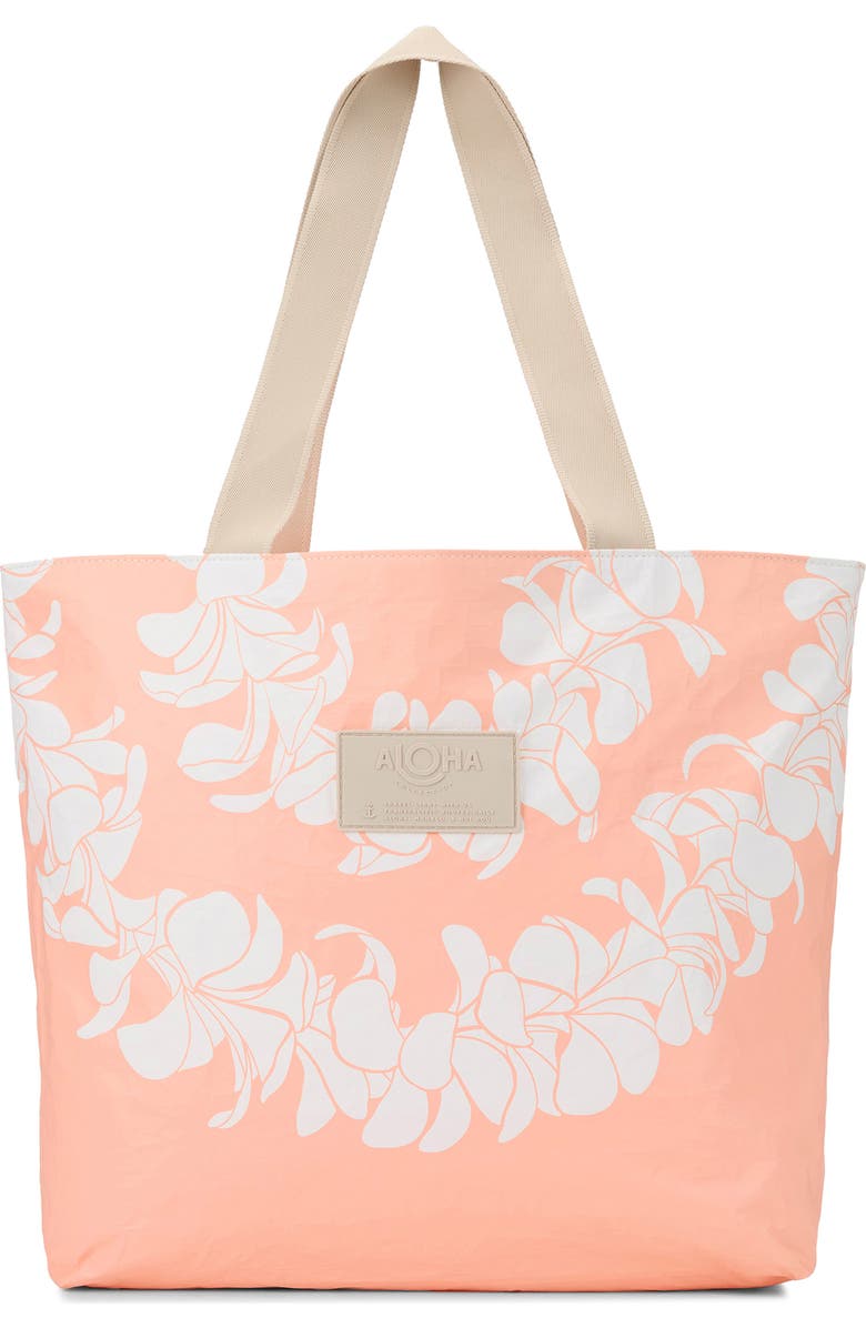 Aloha Collection Day Tripper Plumeria Lei Water Resistant Tote, Main, color, Peachy