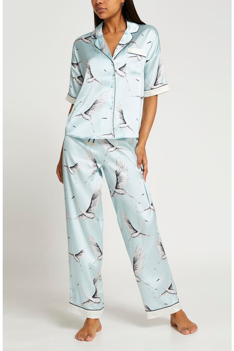 Bird Print Satin Pajama Top, Alternate, color, LIGHT BLUE