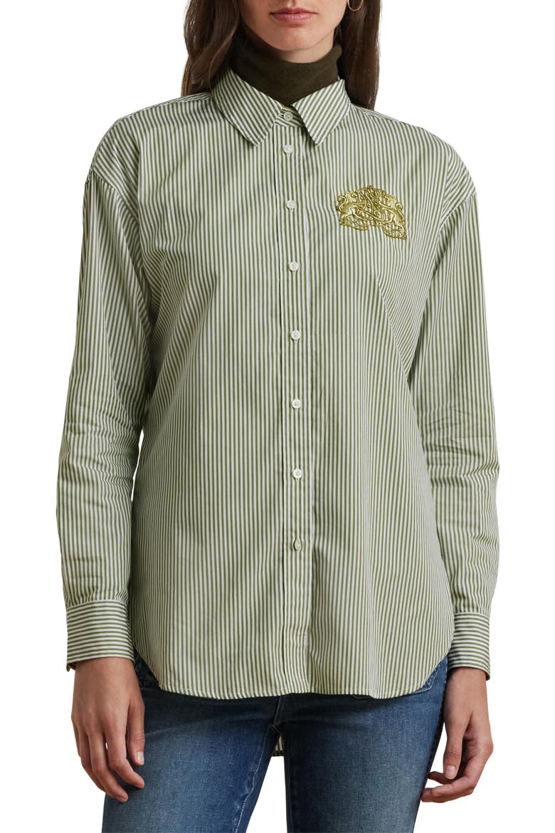 Stripe Cotton Button-Up Shirt, Main, color, OLIVE/ WHITE