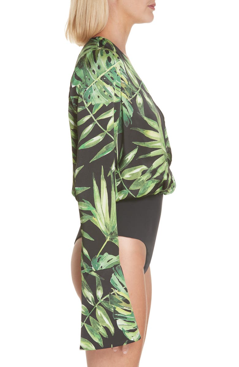 CAROLINE CONSTAS Daria Leaf Print Silk Bodysuit, Alternate, color,