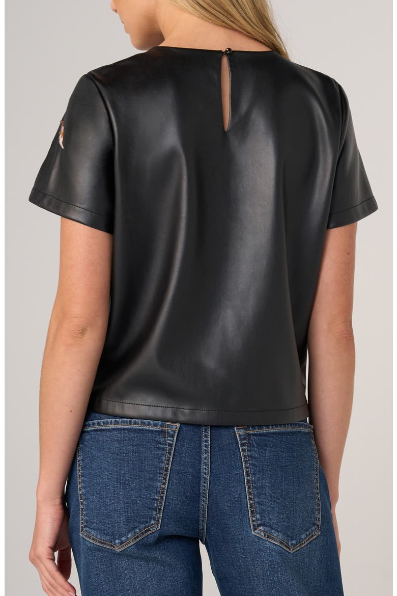 Embroidered Faux Leather Top, Alternate, color, BLACK