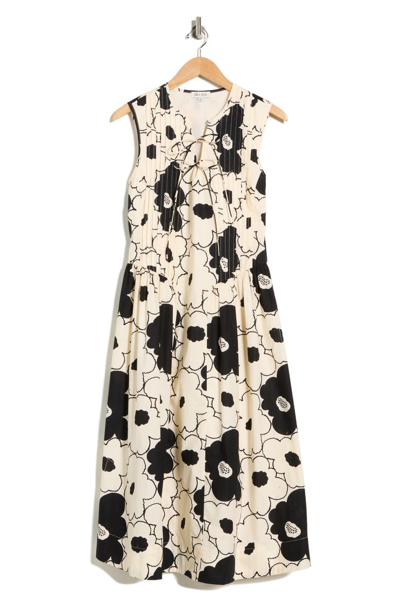 Tie Front Pleated Maxi Dress, Alternate, color, CREAM BLACK FLORAL