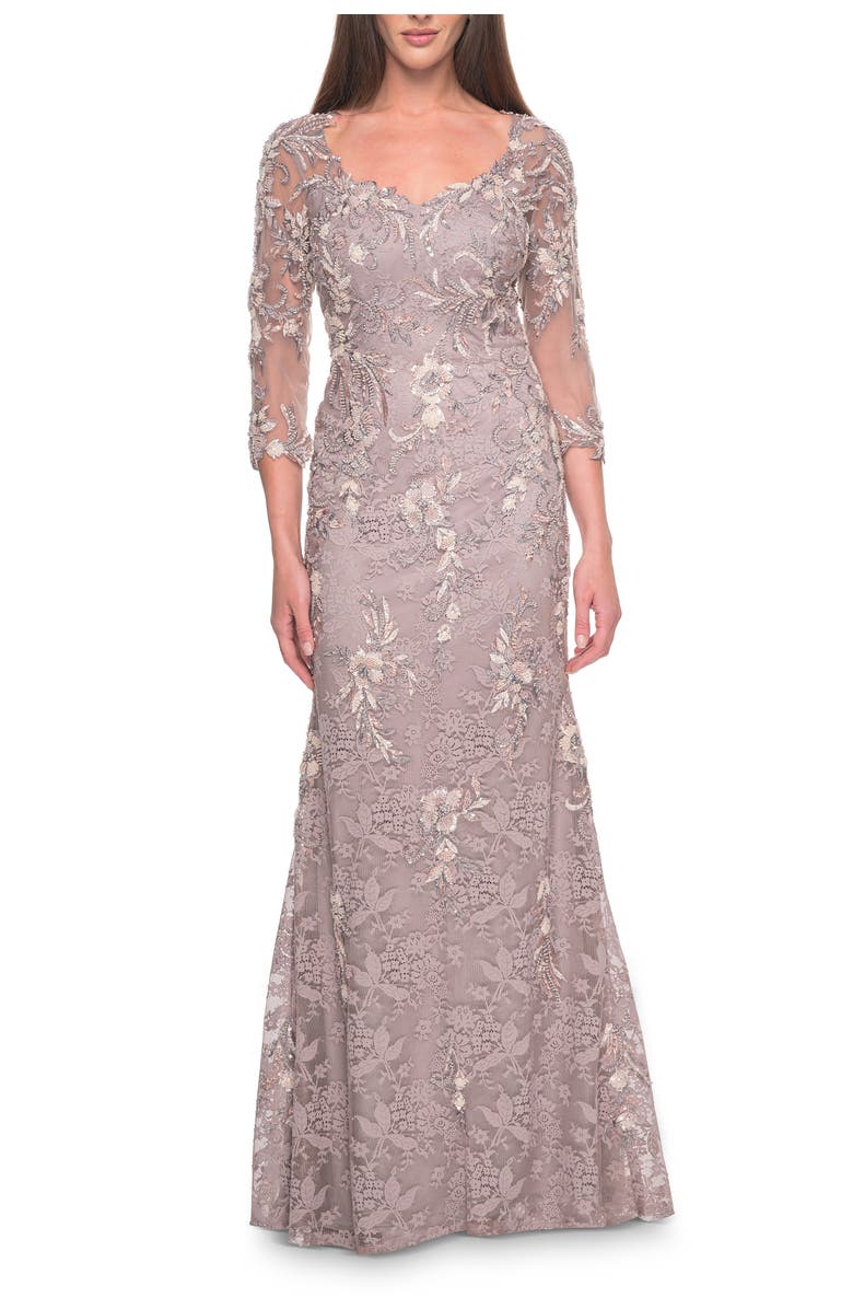 La Femme Stunning Beaded Lace Mother of the Bride Gown, Main, color, Dusty Mauve