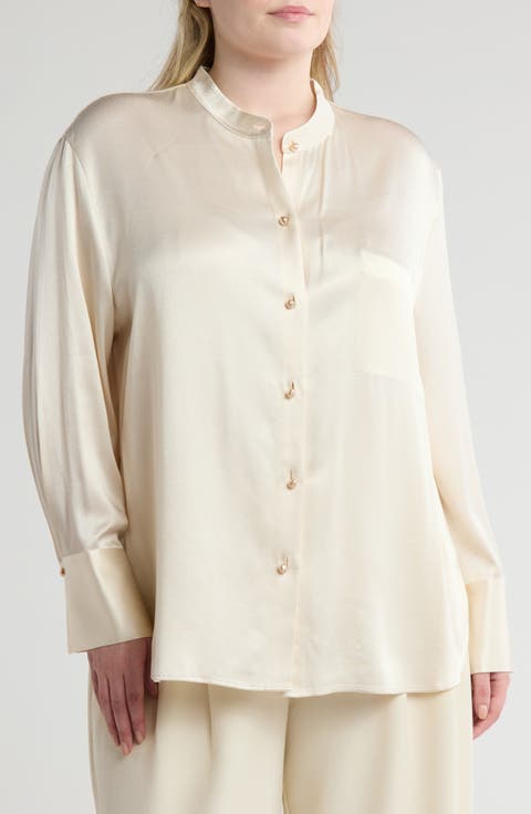 Relaxed Band Collar Button-Up Shirt (Plus Size)