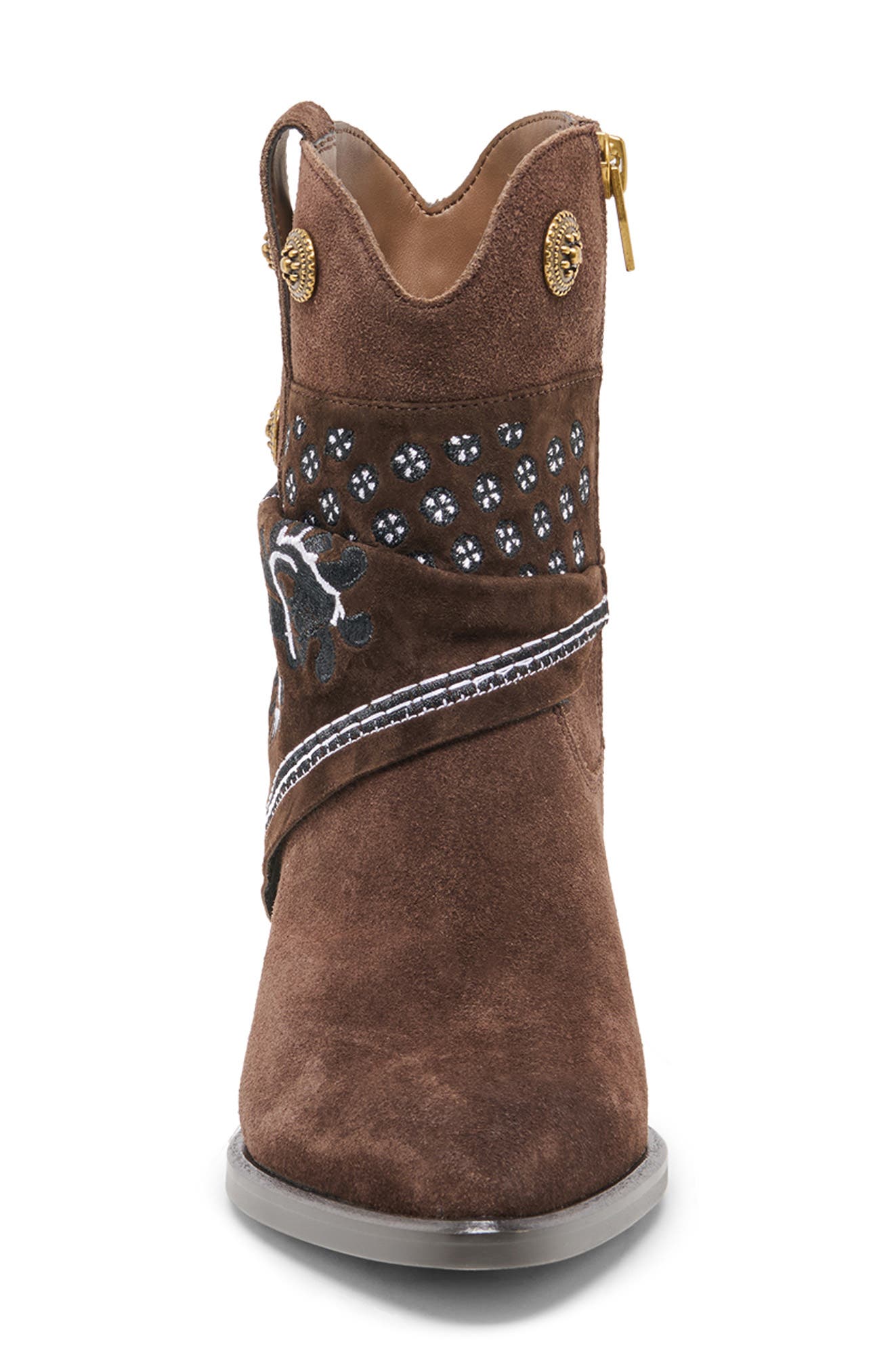 Mekala Embroidered Bootie, Alternate, color, DARK BROWN SUEDE