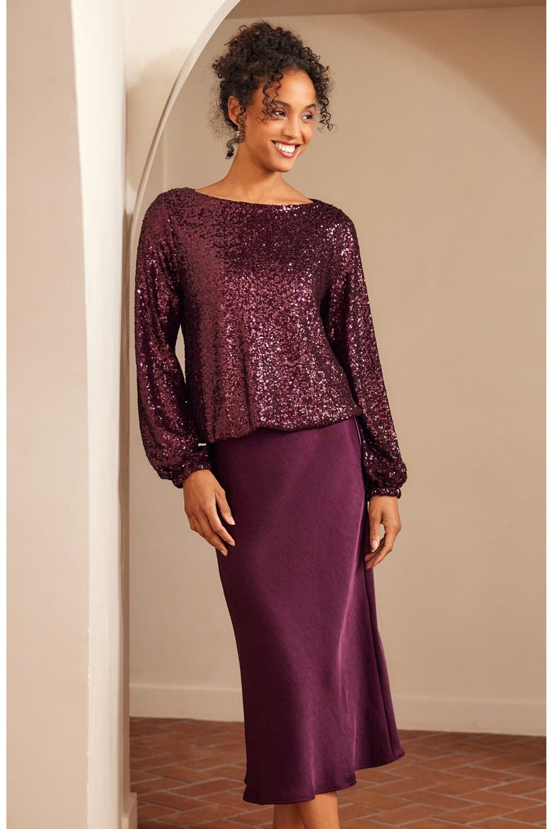 Sequin Boat Neck Top, Alternate, color, EGGPLANT