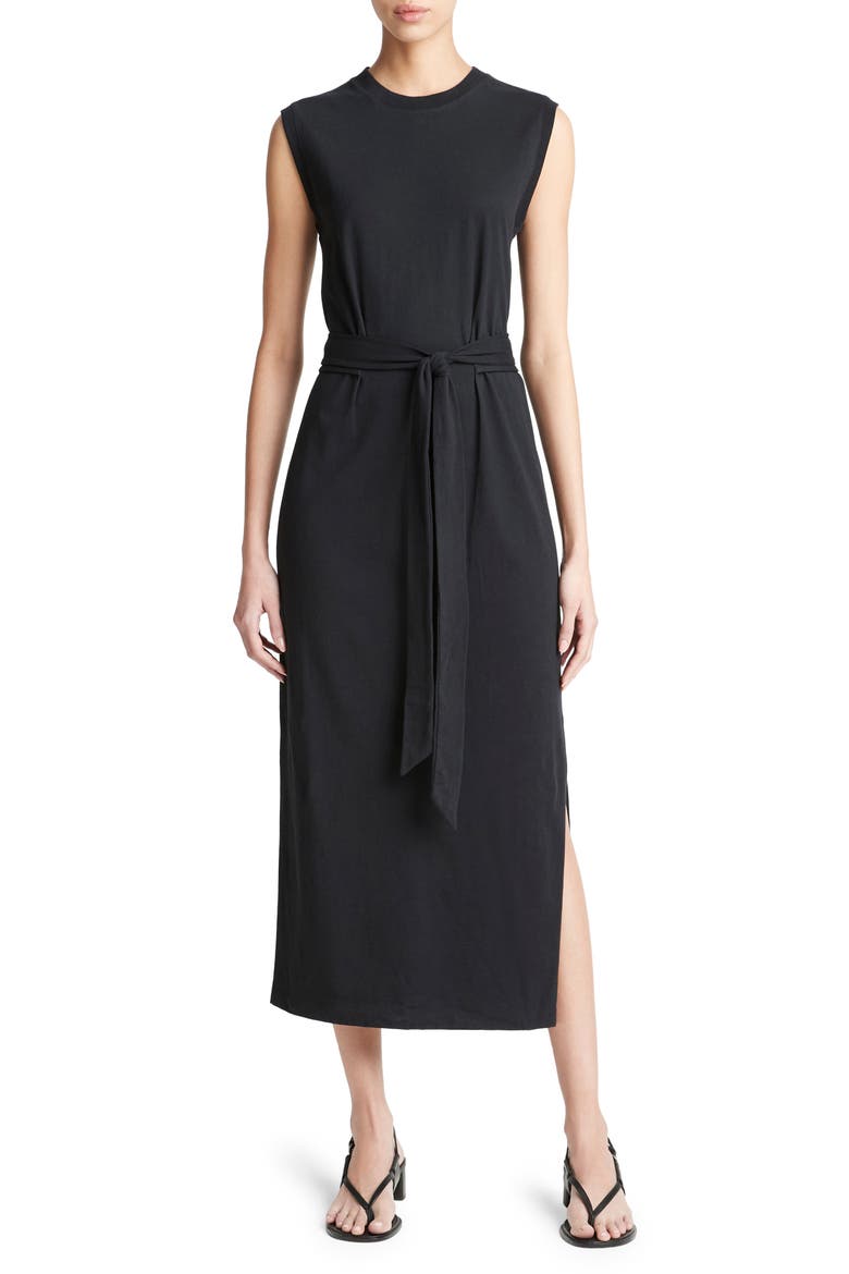 Sleeveless Cotton Knit Midi Dress, Main, color, BLACK