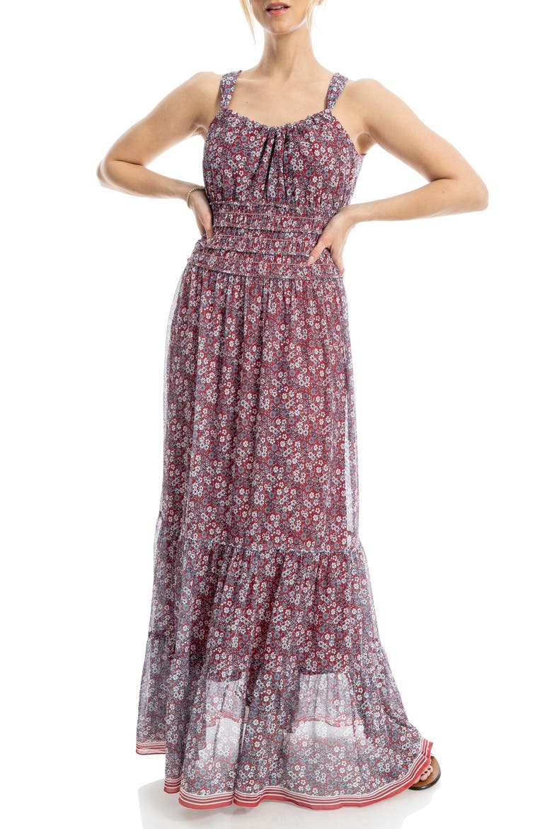 Halter Tiered Maxi Dress, Alternate, color, RED SIMPLE FLORAL LEAVES