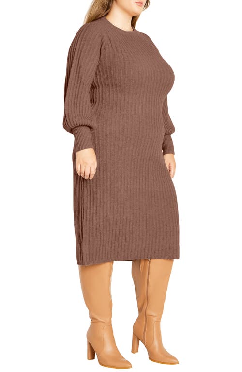 City Chic Saskia Long Sleeve Rib Sweater Dress In Mocha