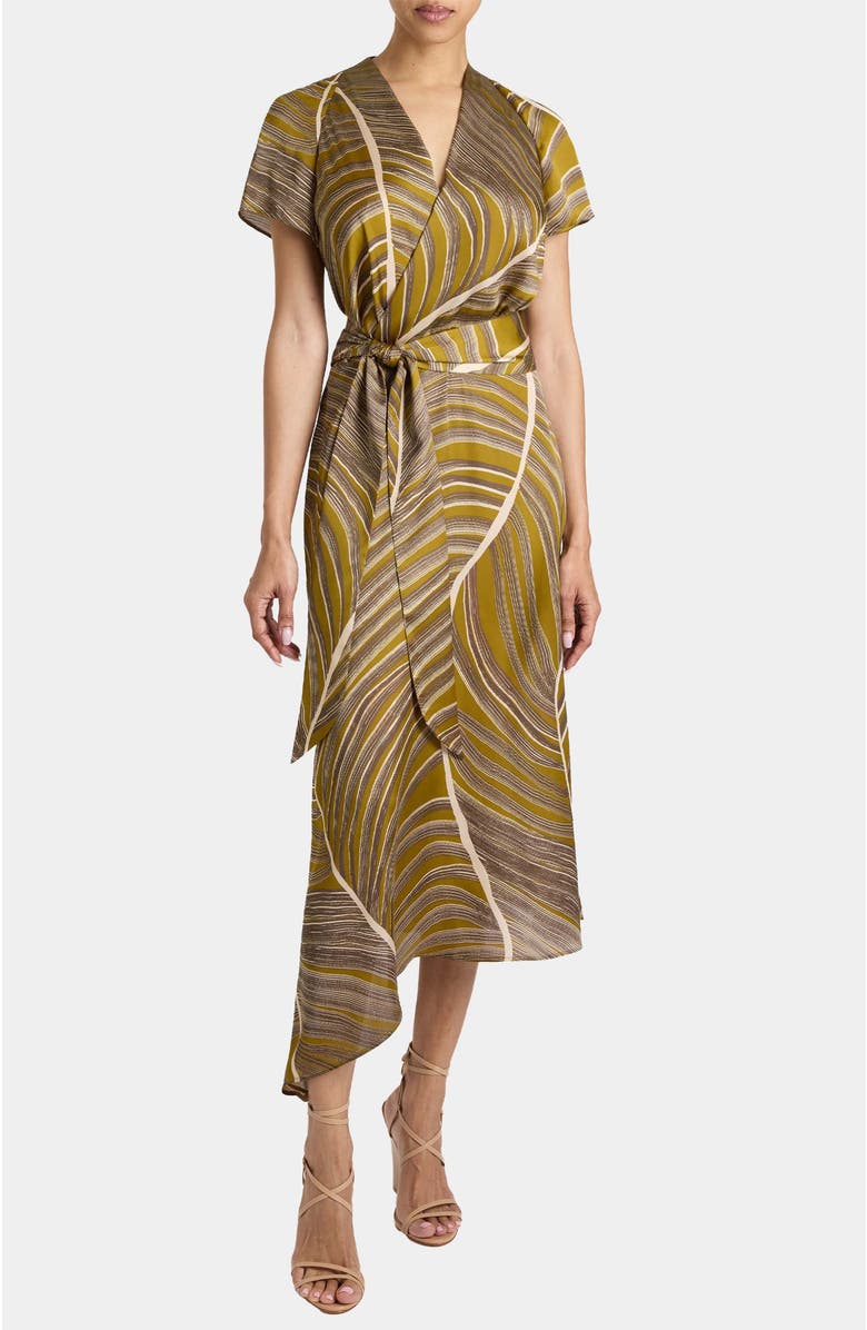 Santorelli HALEY Cap Sleeve Faux Wrap Hi Lo Midi Dress in Printed Charmeuse, Alternate, color, Coconut