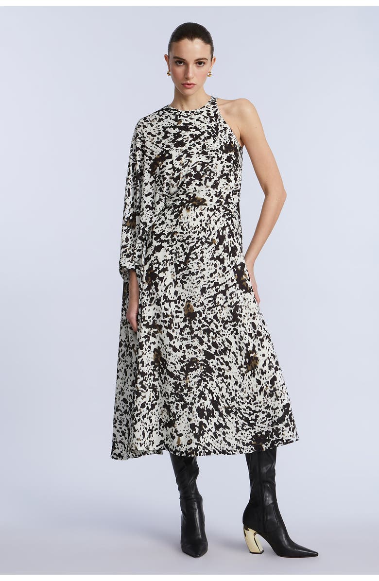 BCBGMAXAZRIA One Sleeve Midi Dress, Alternate, color, Dotty Print