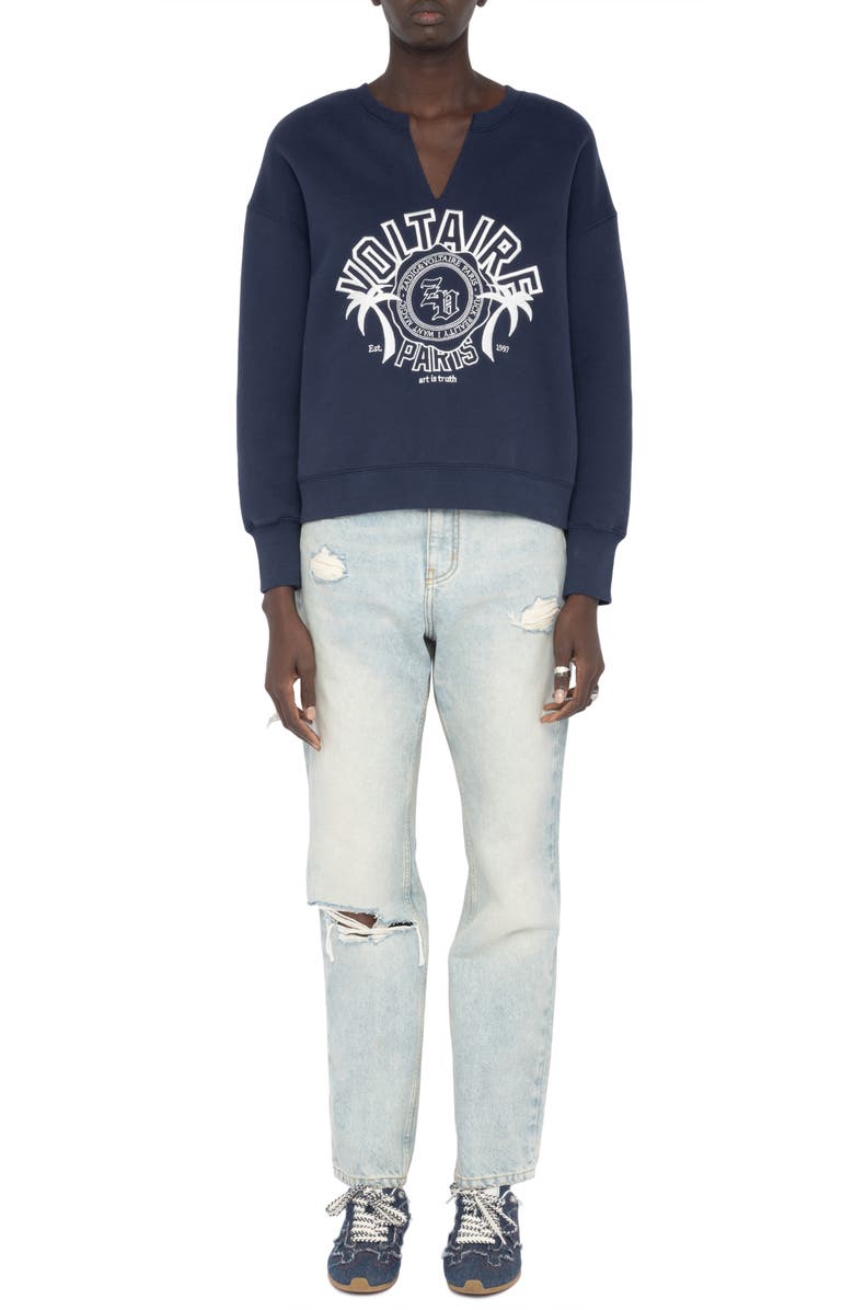 Zadig & Voltaire Olive Split Neck Graphic Sweatshirt, Alternate, color, Encre