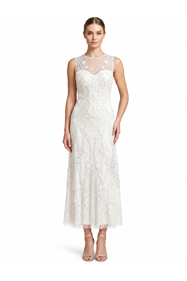 Lara Beaded A-Line Midi Dress with Illusion Neckline, Alternate, color, Ivory