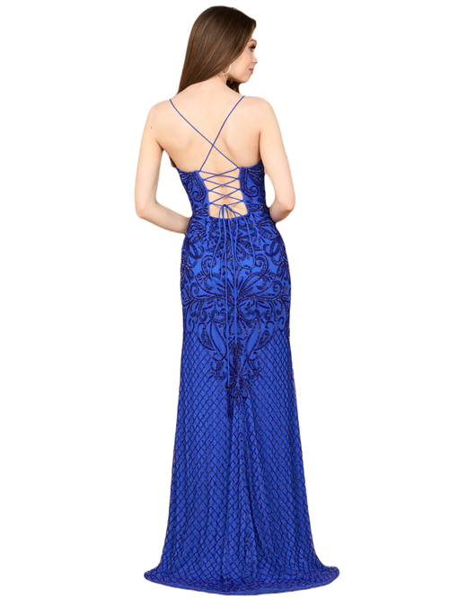 Lara New York Lace Up Open Back Beaded Dress In Blue