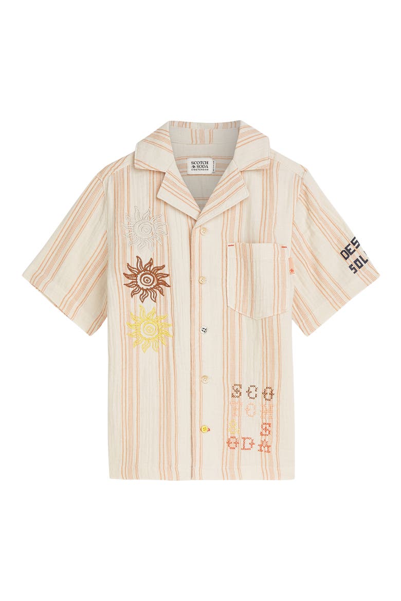 Kids' Stripe Embroidered Button-Up Camp Shirt, Main, color, EGGNOG STRIPE