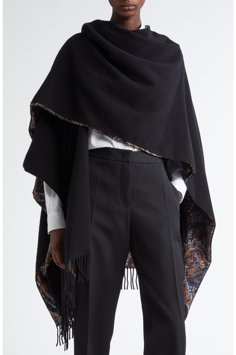 Paisley Fringe Trim Wool Ruana, Alternate, color, PRINT/ BLACK