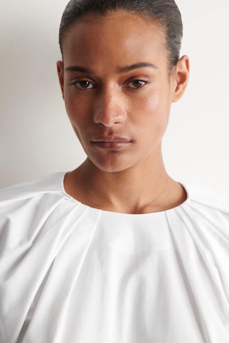 Gathered Short-sleeved Cotton Top, Alternate, color, WHITE