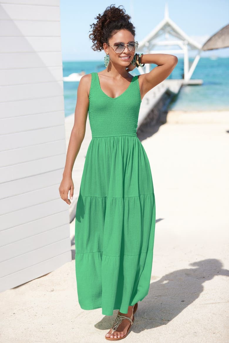 Smocked V-Neck Maxi Dress, Alternate, color, Green