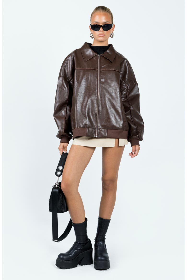 Goldsmith Oversize Faux Leather Bomber Jacket, Alternate, color, BROWN