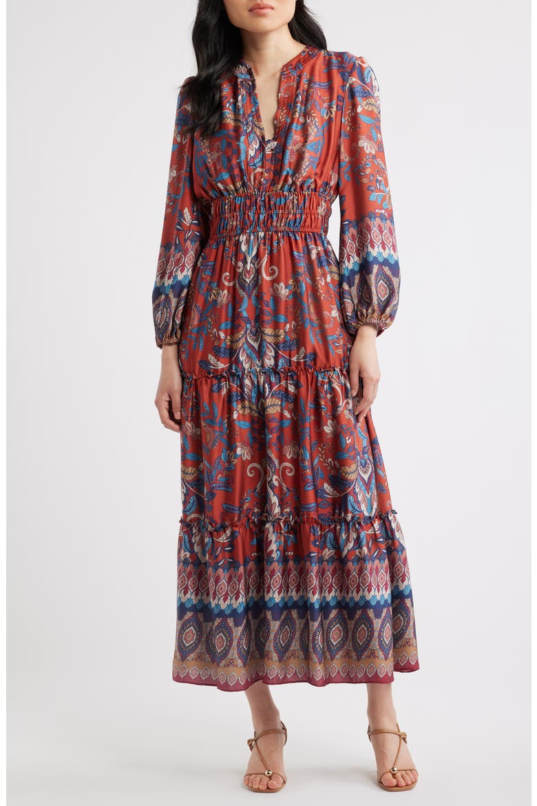 Paisley Floral Long Sleeve Tiered Dress, Main, color, RUST MULTI