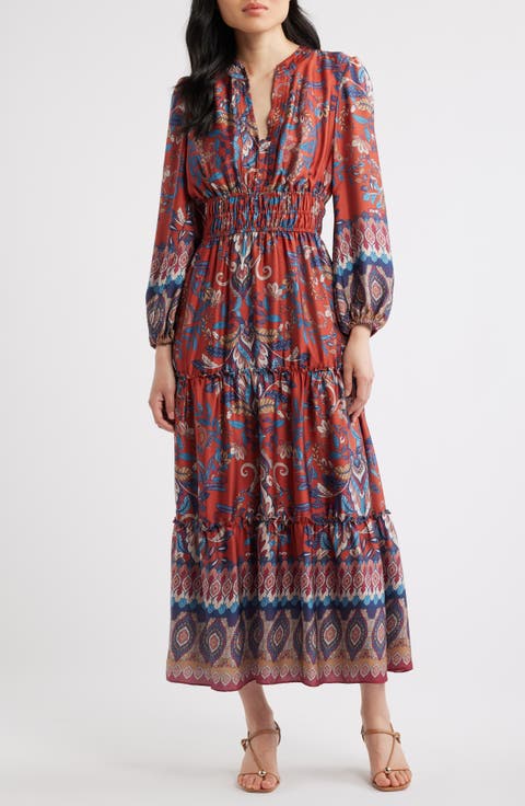 Paisley Floral Long Sleeve Tiered Dress