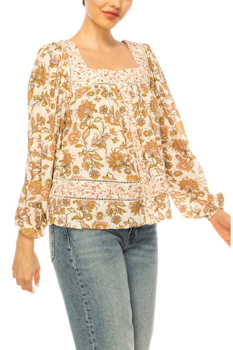 Mixed Print Lace Trim Top, Alternate, color, NATURAL