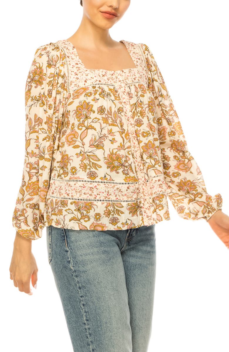 A COLLECTIVE STORY Mixed Print Lace Trim Top, Alternate, color, Natural