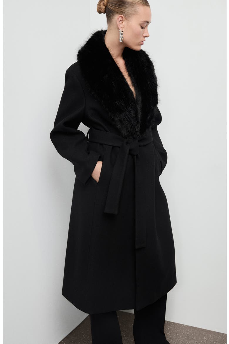 Manteco Belted Longline Trench Coat with Removable Faux Fur Collar, Alternate, color, BLACK