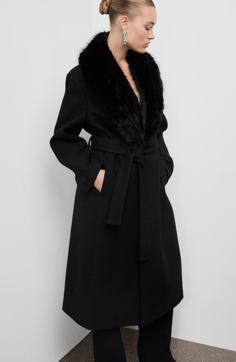 MANGO Manteco Belted Longline Trench Coat with Removable Faux Fur Collar, Alternate, color, Black