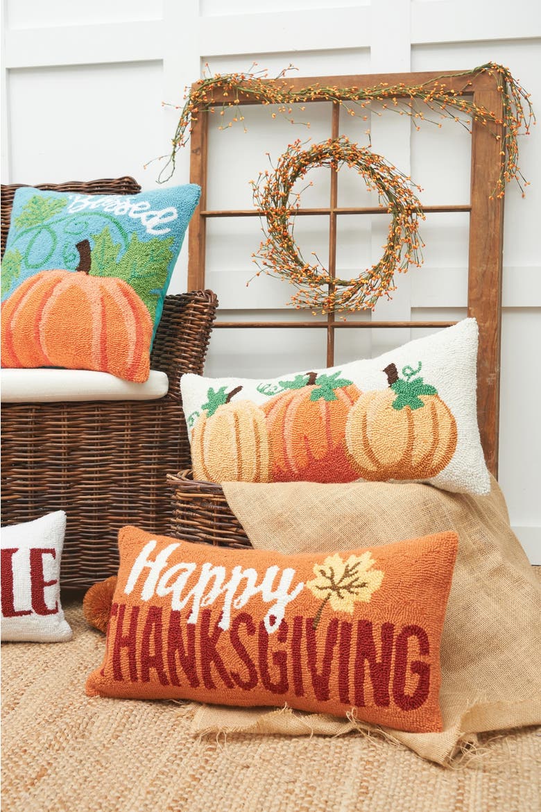 "Happy Thanksgiving" Leaf Hooked Long Accent Pillow 12" x 24", Alternate, color, Orange