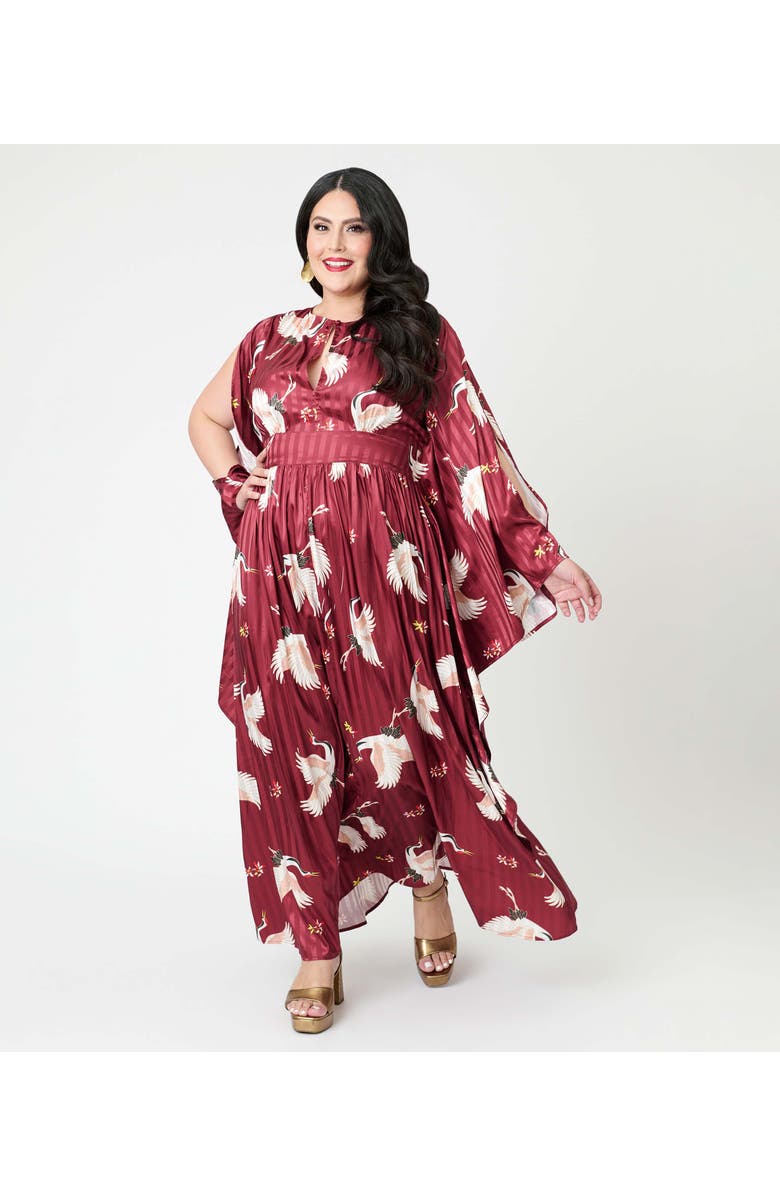 Unique Vintage Plus Size 1960s Flutter Sleeve Caftan, Main, color, Burgundy Crane Print
