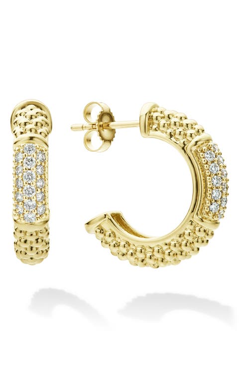 18K Gold & White Diamond Caviar Huggie Earrings