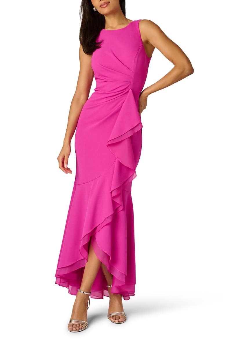 Ruffle Crepe Mermaid Gown, Main, color, RADIANT FUCHSIA