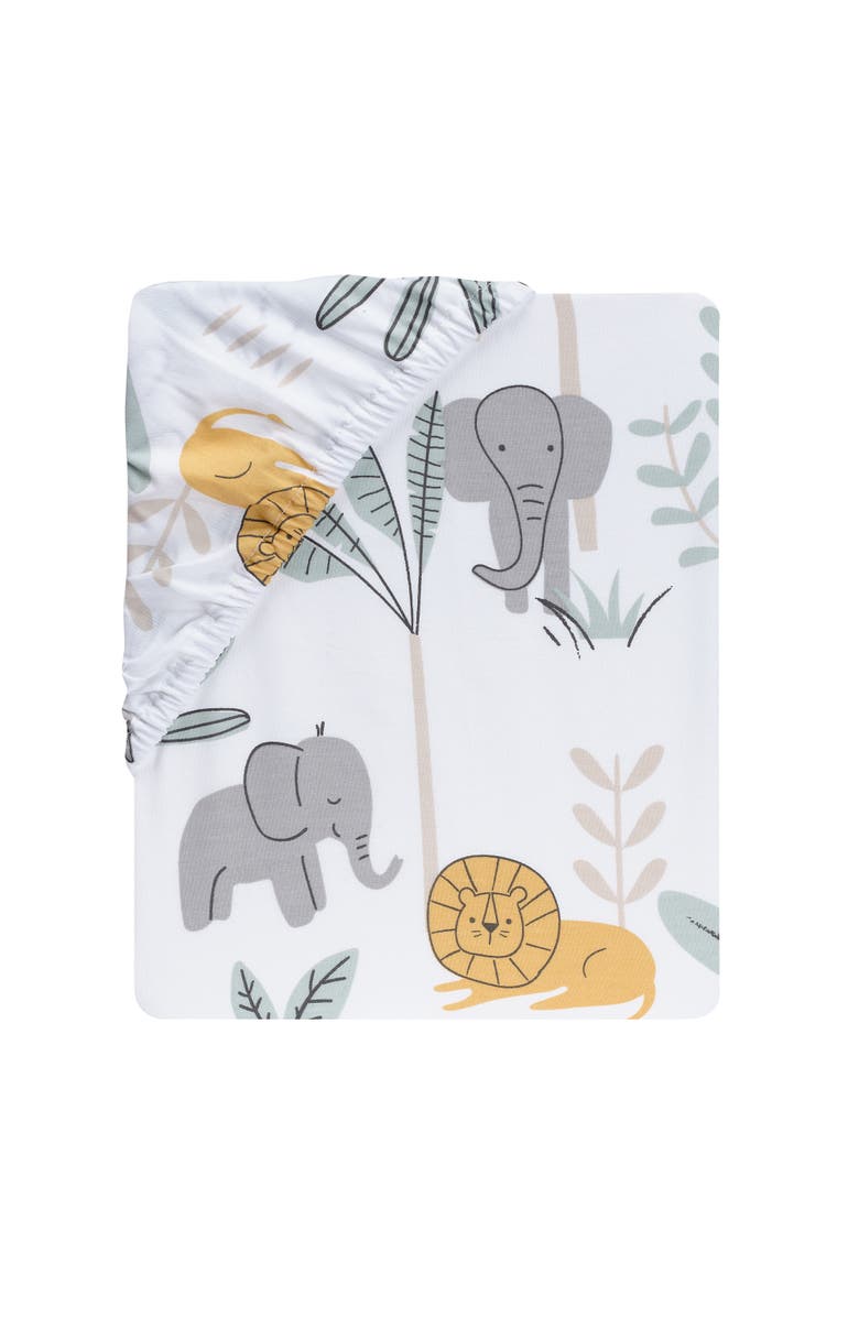 Lambs & Ivy Jungle Adventure 100% Cotton Baby/Toddler Fitted Crib Sheet, Alternate, color, White Multi