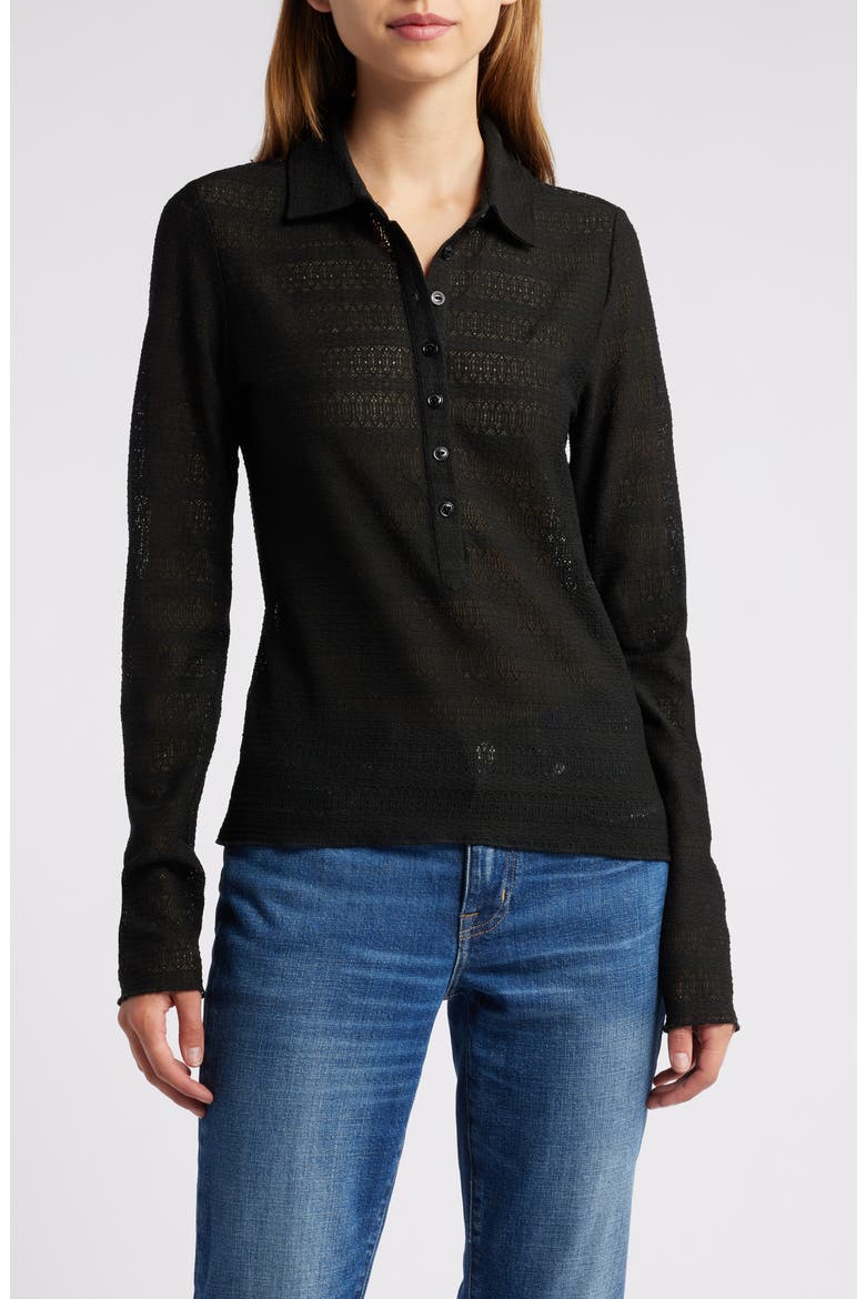 Julia Open Knit Long Sleeve Polo, Main, color, BLACK