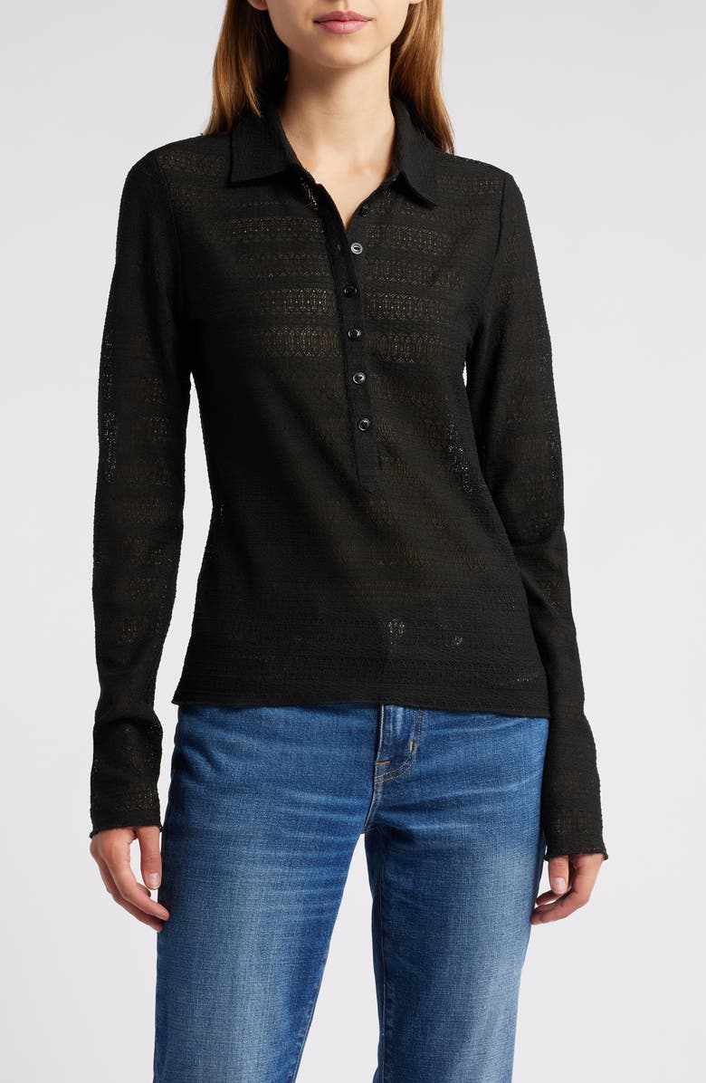 rag & bone Julia Open Knit Long Sleeve Polo, Main, color, Black