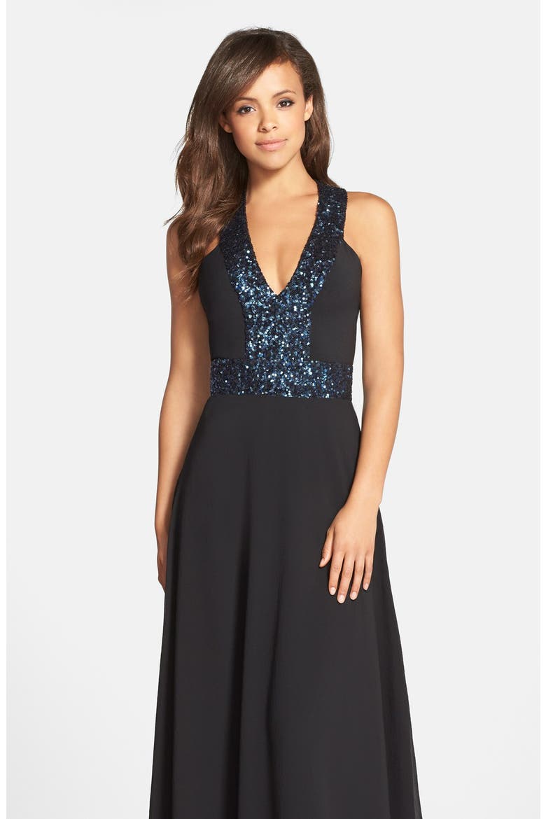 Delani Crepe Gown, Alternate, color, BLACK/ PEACOCK