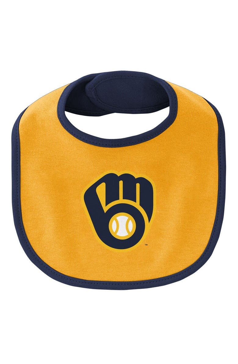 Outerstuff Newborn & Infant Navy/Gold Milwaukee Brewers Little Champ Three-Pack Bodysuit Bib & Booties Set, Alternate, color, Navy