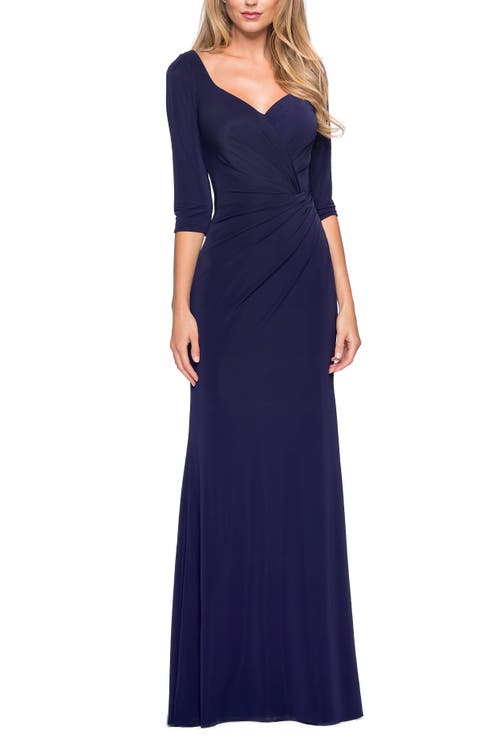 La Femme Ruched Jersey Column Gown In Navy