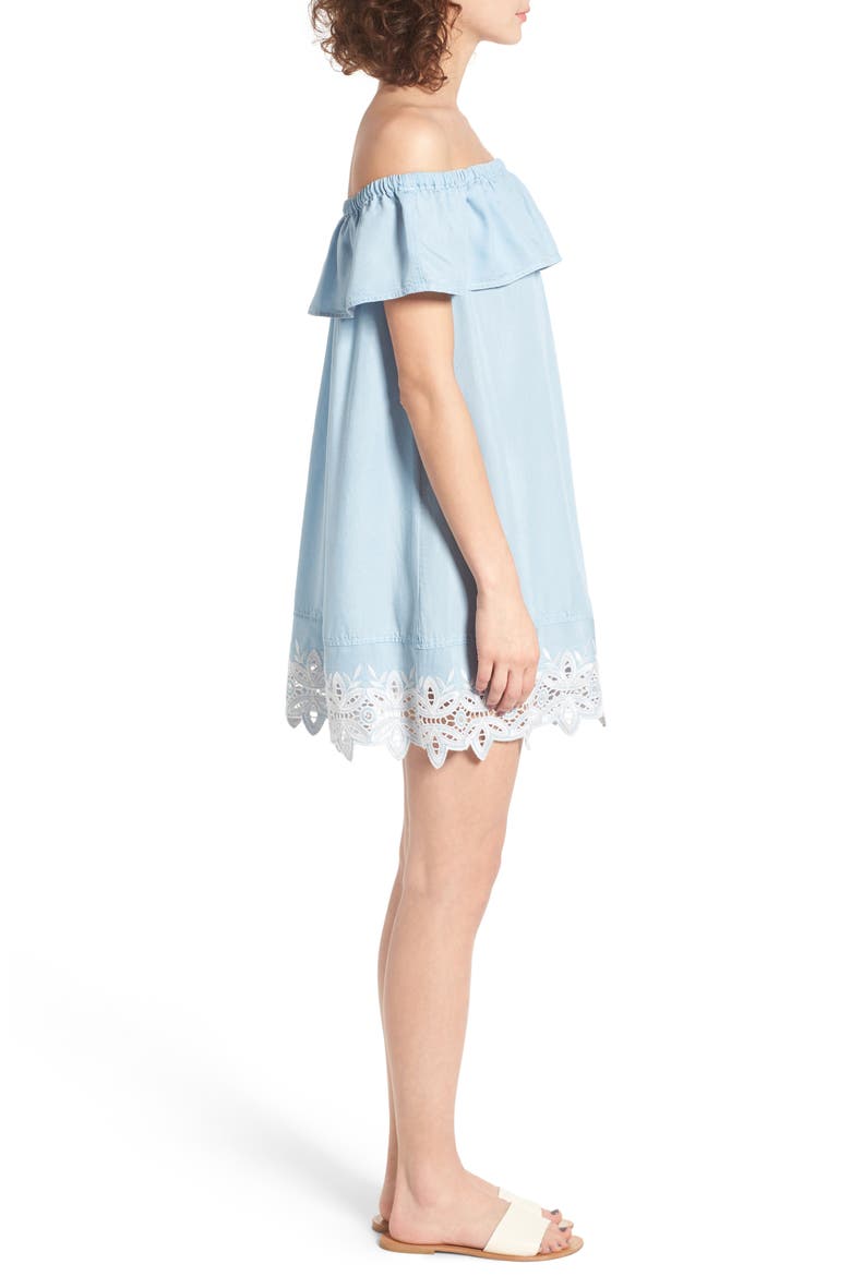 Embroidered Chambray Off the Shoulder Dress, Alternate, color, LIGHT WASH