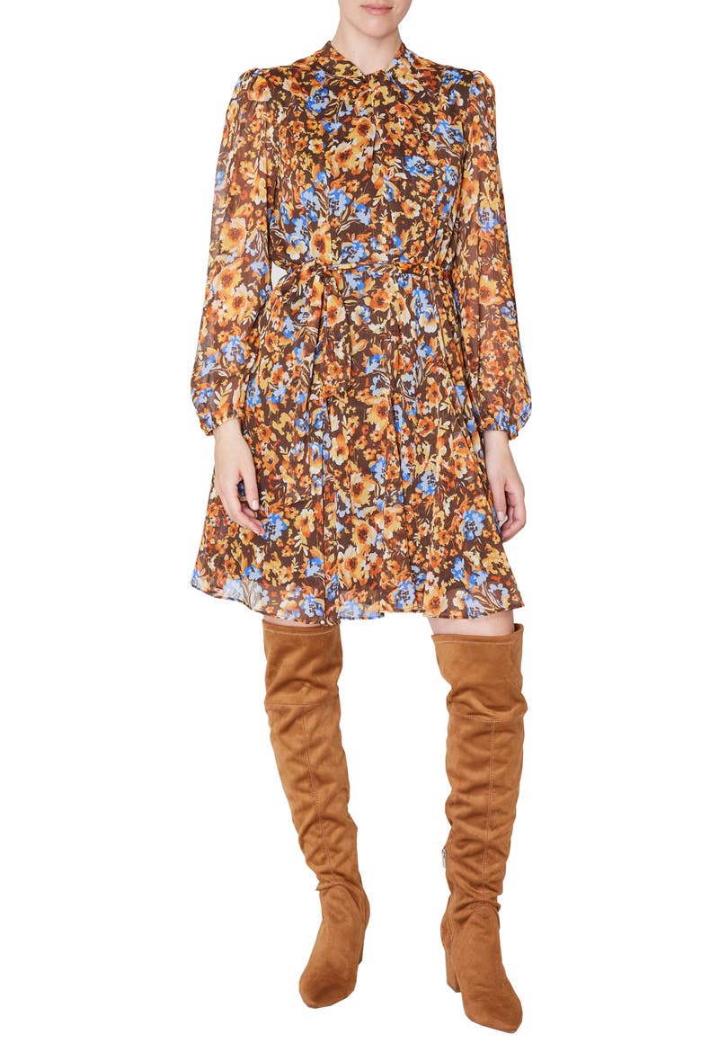 Floral Knot Neck Tie Waist Long Sleeve Dress, Main, color, BROWN MULTI