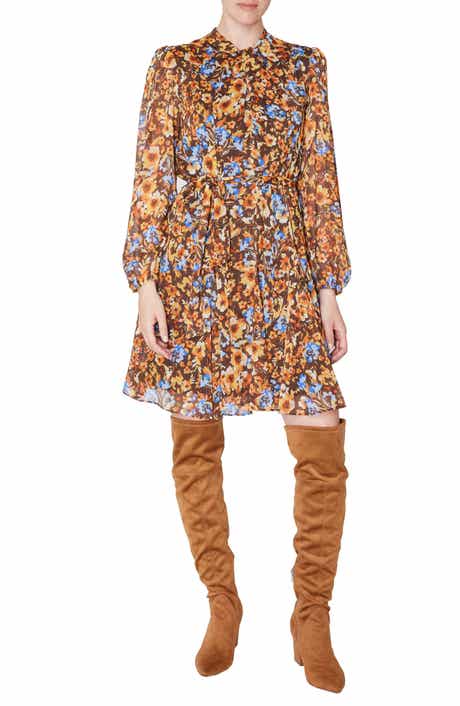Julia Jordan Floral Knot Neck Tie Waist Long Sleeve Dress
