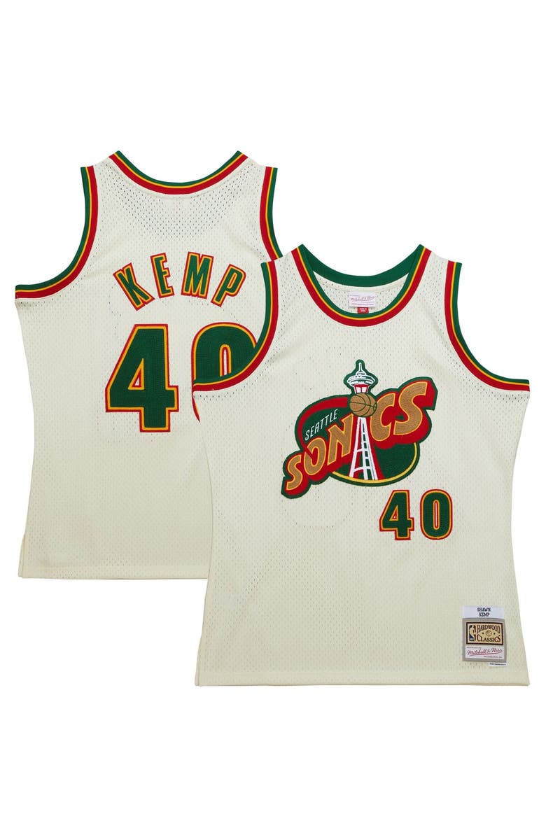 Mitchell & Ness Men's Mitchell & Ness Shawn Kemp Cream Seattle SuperSonics Chainstitch Swingman Jersey, Alternate, color, 