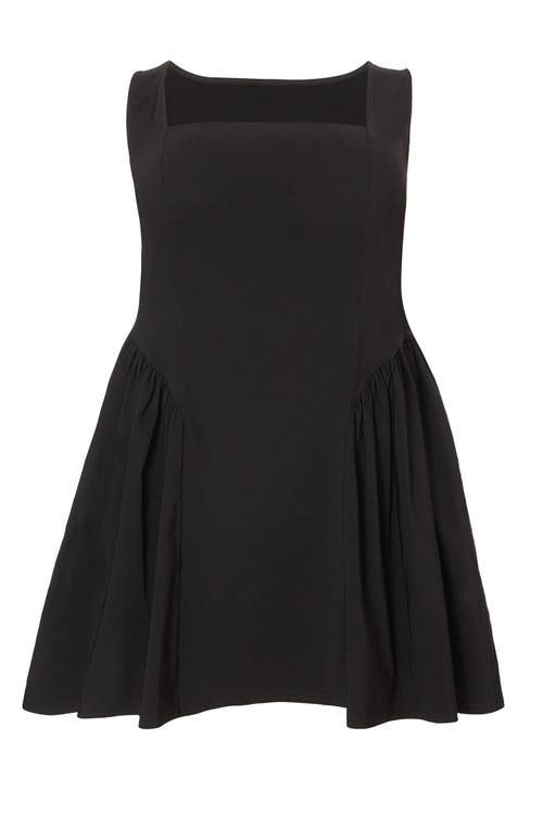 Quiz Plus Size Square Neck Drop Waist Mini Dress In Black