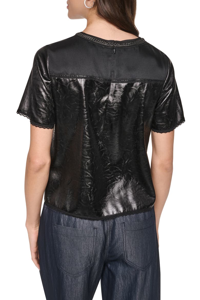 Mixed Media Crackle Faux Leather Top, Alternate, color, BLACK