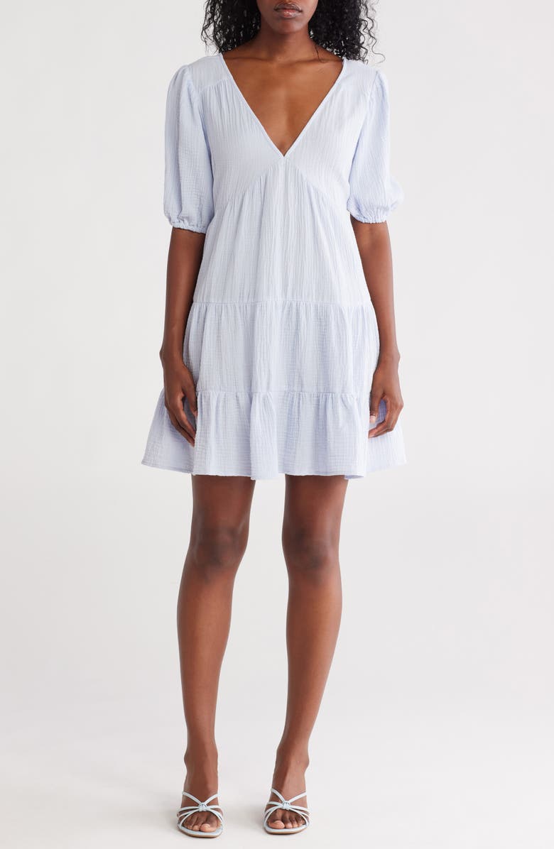 Lovestitch Puff Sleeve Cotton Babydoll Minidress, Main, color, Dusty Blue
