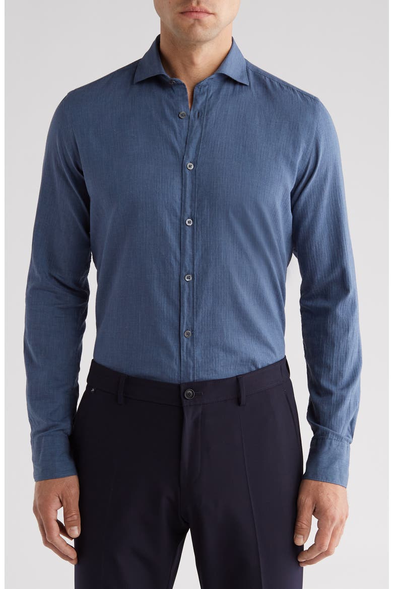 Solid Cotton Button-Up Shirt, Main, color, BLUE